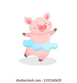 Funny pig girl wearing skirt having fun, cute little piglet cartoon character vector Illustration on a white background