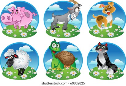 Funny pig goat cat sheep dog tortoise on color background