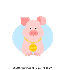 Funny pig with a gold medal on a chain with the inscription 2019.