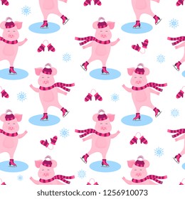Funny pig in a hat with a bushy pompon and a scarf skating. Seamless vector pattern with cute piglets on ice.