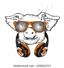 Funny pig in headphones and glasses. Cute pig. Music and sound. Vector illustration for greeting card or poster.