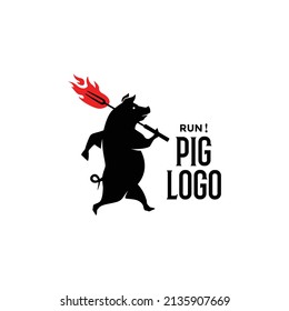 Funny Schweinehalter mit Feuer als moderne Barockparty Logo-Vektorgrafik. Maskottchen vom Grillen BBBQ für kleine Kochaktivitäten, Business, Restaurant, Fast-Food-Café Auto. Auf Website, Aufkleber, Hemd, Apps anwenden