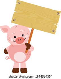 Funny pig holding a wooden signboard
