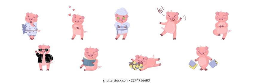 Funny Pig as Hoofed Domestic Animal Doing Different Activity Vector Set