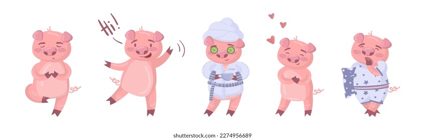 Funny Pig as Hoofed Domestic Animal Doing Different Activity Vector Set