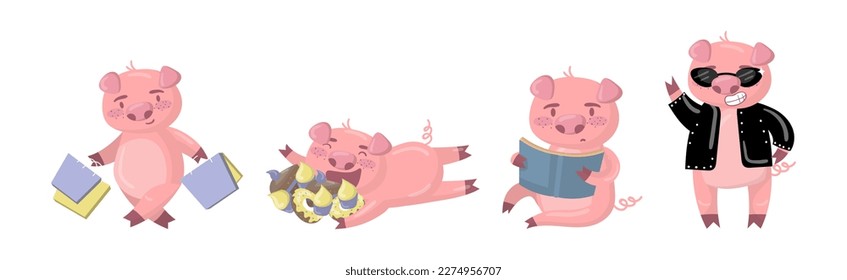 Funny Pig as Hoofed Domestic Animal Doing Different Activity Vector Set