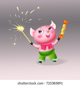 Funny pig image, vector.Sweet pig cheerfully celebrates the coming year of the pig