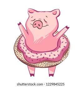 Funny pig. Isolated on white. Cute vector illustration. Symbol of the year in the Chinese calendar.
