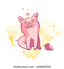 Funny pig. Isolated on white. Cute vector illustration. Symbol of the year in the Chinese calendar.