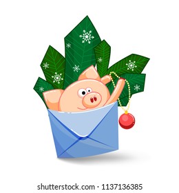 A funny pig jumping out of an envelope to decorate the fir branches.