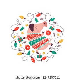 Funny pig in a knitted sweater. Symbol of 2019. Original composition. Pig and Christmas decorations, Christmas garland of colorful bulbs. The illustration will look good on postcards and mugs.