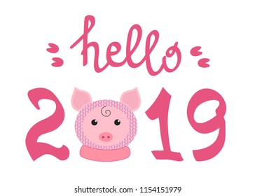 Funny pig and lettering "Hello 2019" for your design. Symbol of the new year 2019. Hand lettering typography