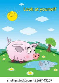 Funny pig looks at its reflection in a puddle postcard