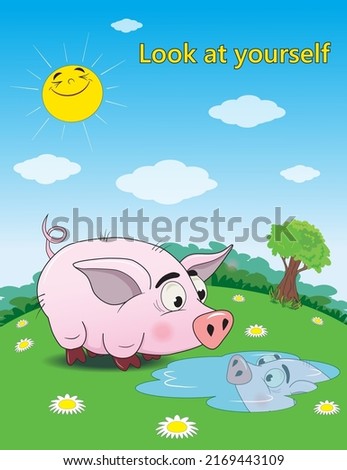 Funny pig looks at its reflection in a puddle postcard
