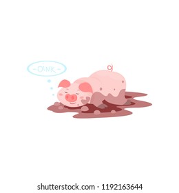 Funny pig lying in dirty puddle, cute little piglet cartoon character vector Illustration on a white background