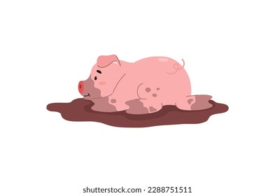 Funny pig lying in mud puddle, cartoon flat vector illustration isolated on white background. Cute farm animal. Childish animal character. Happy pink pig in dirt.