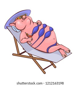 Funny pig lying on a lounger with a cocktail