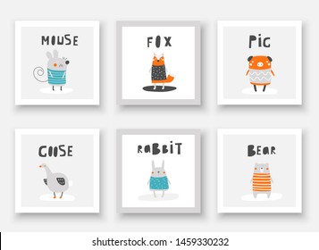 Funny pig, mouse, fox, goose, rabbit, bear in t shirt. Cute hand drawn doodle cards, postcards, posters with animals for kids, baby shower, birthday
