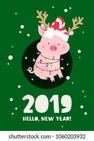 Funny pig in a New Year's striped hat with reindeer antlers and a garland. Hello New Year. Lettering. Vector illustration. Symbol of the Chinese in 2019. Festive gift card.