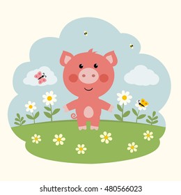 Funny pig on flower field in cartoon style.