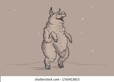Funny pig. On two legs. Etched vector illustration