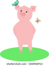 funny pig on a walk, butterflies, vector illustration in cartoon style