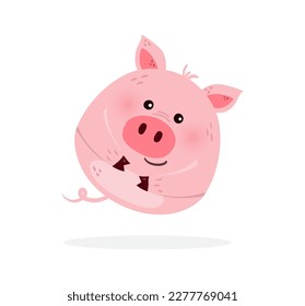 Funny pig on a white background. Design of a cute animal character. Vector illustration