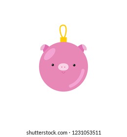 Funny pig ornament, new year 2019 symbol, hanging ball for Christmas tree, pig animal symbol, minimalism style, cute kawaii piggy face in ball shape, pink color, for print, postcard, holiday greeting.