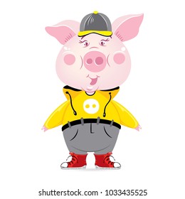 Funny pig, piglet wearing in the  yellow sweatshirt  and sneakers. Vector illustration. Hipster sport style