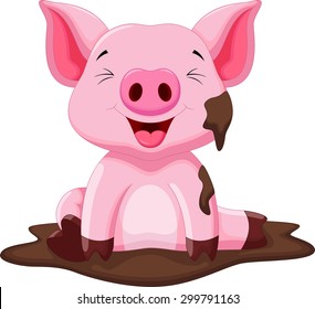 Funny pig playing in the mud