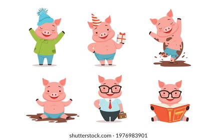Funny Pig Reading Book, Splashing in Mud and Holding Gift Box Vector Set