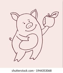 funny pig rejoices at a big ripe apple