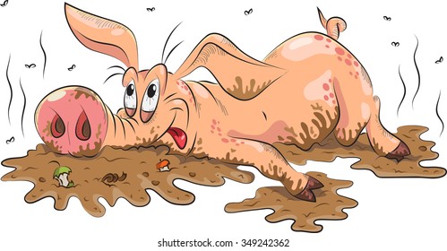 funny pig is resting in a puddle of dirty scraps