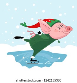 Funny pig at the rink in an elf costume. Symbol of the 2019 year. Christmas vector illustration in a cartoon style. Winter symbol. Christmas and New Year design element. 