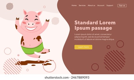 Funny pig rolling in mud. Cute animal cartoon character having fun. Flat vector illustration. Animal, lifestyle concept for banner, website design, landing page