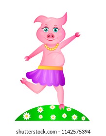 Funny pig running on the lawn, vector illustration