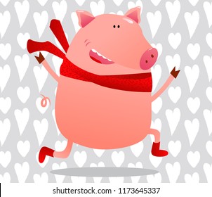 Funny pig running and smiling. Vector children illustration. Symbol 2019 new year. Animal for kids.