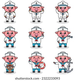 Funny Pig Segler setzen. Cute-Pig-Zeichen in Captain-Cap Cartoon Vektorgrafik.