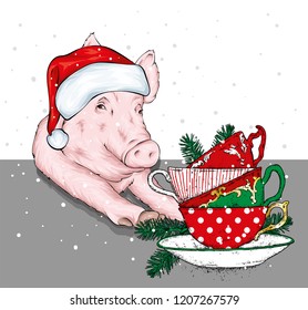 Funny pig in a Santa Claus hat with cups, Christmas balls and Christmas tree branches. Vector illustration for greeting card or poster, print on clothes. New Year's and Christmas. Santa Claus.