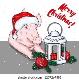 Funny pig in a Santa Claus hat with a vintage lantern. Vector illustration for greeting card or poster, print on clothes. New Year's and Christmas. Santa Claus.