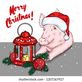 Funny pig in a Santa Claus hat with a vintage lantern. Vector illustration for greeting card or poster, print on clothes. New Year's and Christmas. Santa Claus.