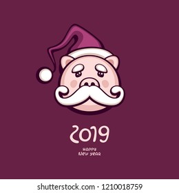 Funny pig in santa costume vector illustration. Template for holiday decoration, greeting card and invitation. Horoscope symbol 2019.