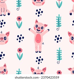 Funny pig seamless pattern. Cute childish seamless background with happy piglet, dots, flowers and leaves. Vector illustration.