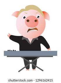 A funny pig sings expressively and plays keyboard. Musician. Vector illustration.  Isolated on transparent background.  Excellent for the design of postcards, posters, stickers and so on.