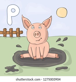  A funny pig sits in a puddle on a farm. Children's illustrated alphabet characetr. Letter P.