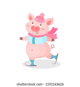 Funny pig skating wearing knitted hat and scarf, cute little piglet cartoon character vector Illustration on a white background