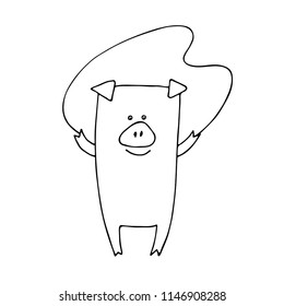 Funny pig is skiping over the rope. Hand drawn vector illustration.