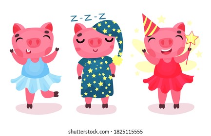 Funny Pig Sleeping and Dancing Ballet Vector Set