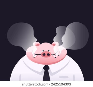 Funny pig smokes. Pig in a shirt and tie. Vector illustration eps10. Smoking pig. Office worker. Isolated.