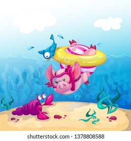 A funny pig in a striped swimsuit and on a yellow rubber ring dives into the sea and looks at the marine cancer. Summer fun cartoon illustration.